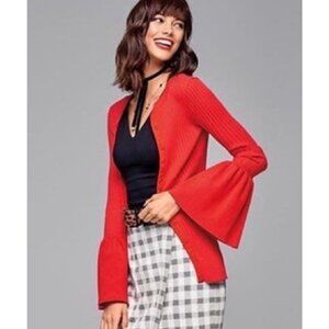 Cabi Cotton Blend Trumpet Bell Sleeve Ribbed Cardigan Red‎ Women L